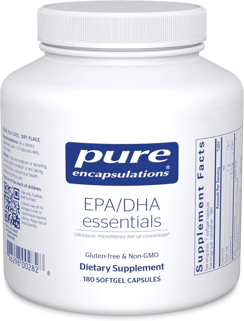 Pure indkapslinger EPA / DHA Essentials - Fish Oil Concentrate supplement til støtte cardiovaskulær sundhed - Premium EPA & DHA supplement med Omega 3 - 180 Softgel kapsler
