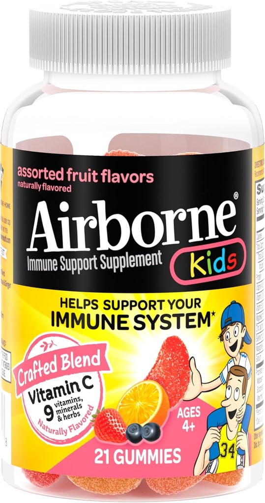 Airborne C-vitamin 500 mg (per servering) Kids Assorted Fruit Flavored Gummies (21 Tæl i en flaske), Glutenfri immunforsvar supplement med vitaminer A C E, Selen, Echinacea & Ingefær