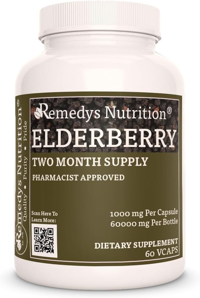 Remedy 's Nutrition Elderberry Medical 124; 1000 mg, 60 Vegan Capsules Herbal Kosttilskud 124; Two Month Supply