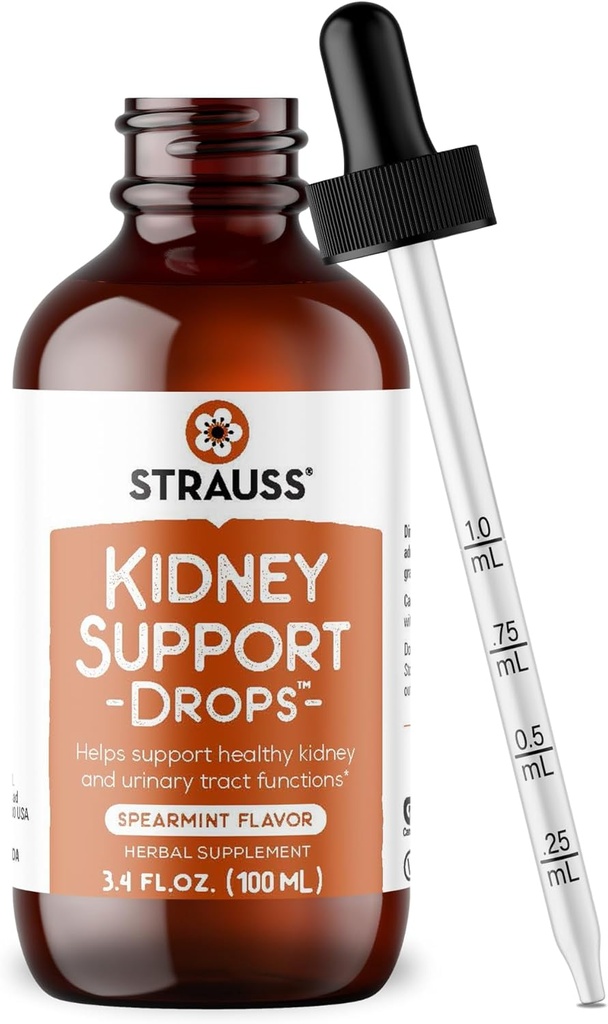 Strauss Naturals Kidney Support Drops – Herbal Kidney Support Supplement for Men and Women – Helps with Kidney Health and Urinary Tract Function – Vegan & Non-GMO – Spearmint Flavored – 100 ml Bottle