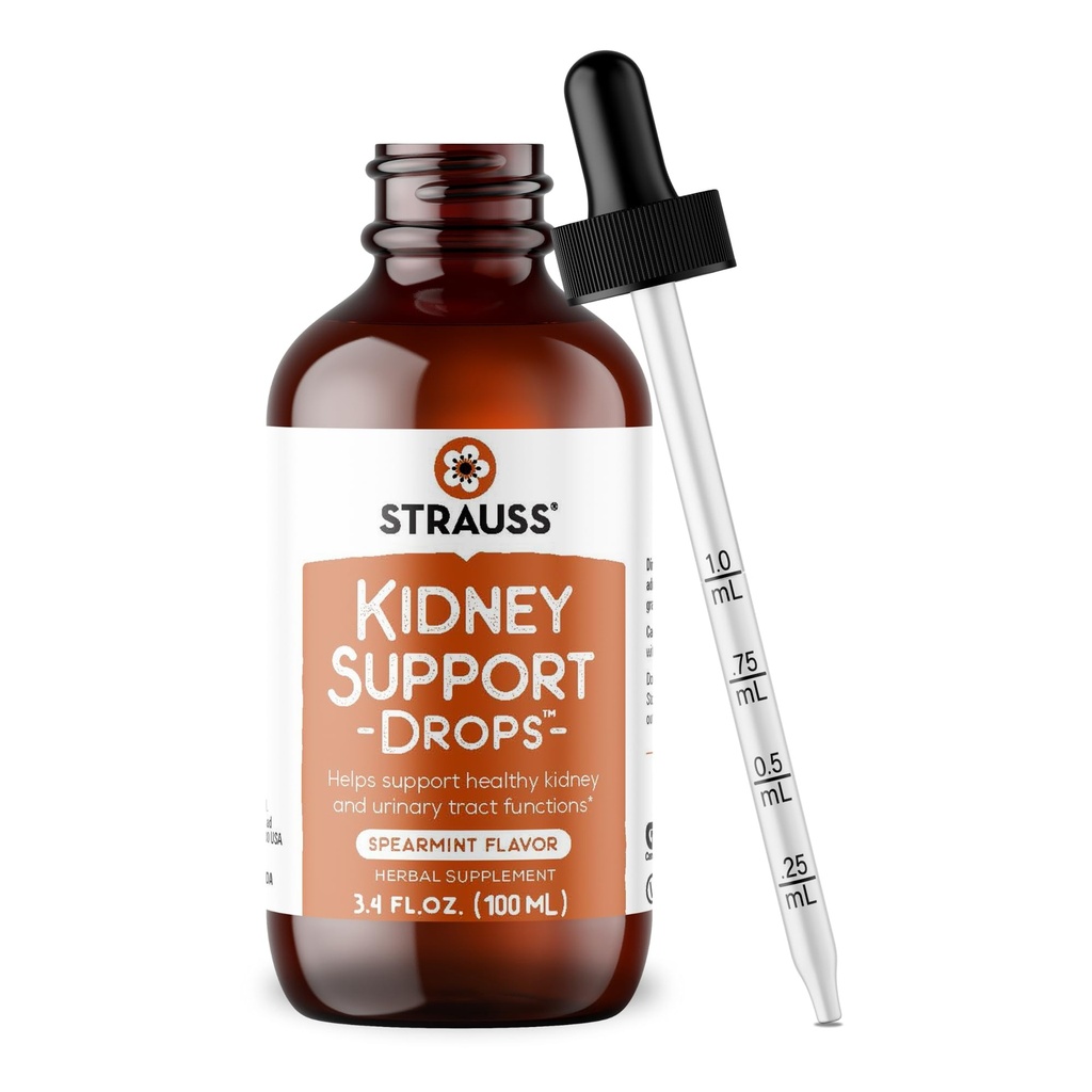 Strauss Naturals Nyre Support Drops - Urte Nyre Support for Mænd og Kvinder - Hjælper med Nyre Sundhed og Urinary Tract Funktion - Vegan & Non- GMO - Spearmint Flavored - 100 ml flaske