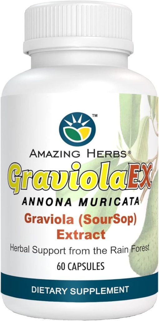 Amazing Herbs GraviraEX Anona Muricata - 100% Pure Graviola (Soursop) Extract, Natural Health from The Rain Forest, Herbal Kosttilskud - 60 Greve (Pack of 1)