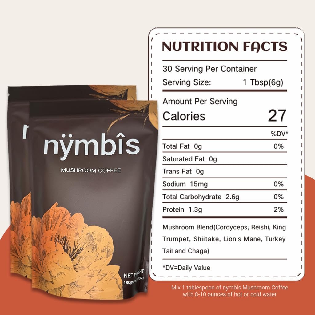 Nymbis Mushroom Coffein 124; Ground Coffee with 7- Mushrooms Blend (Cordyceps, Lions Mane, Reishi, Chaga, Maitake, Shiitake, Tyrkiet Tail)