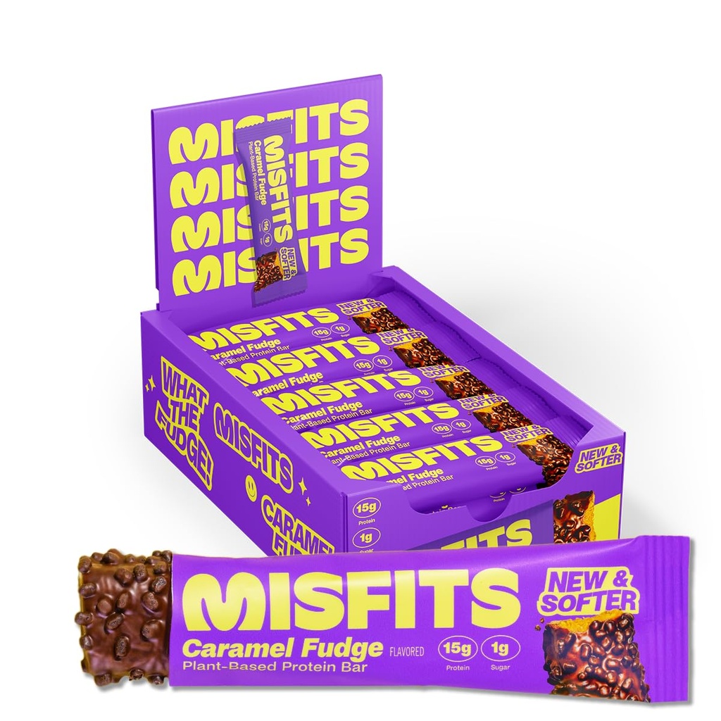 Misfits Vegan Protein Bars, Caramel Fudge - Opdateret Opskrift Note 124; Plant baseret, Lavsukker & Carb, High Fiber Snacks