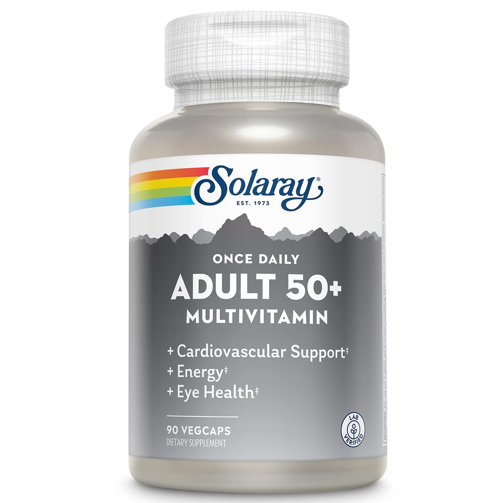 Solaray Når daglig voksen 50 + Komplet Multivitamin til kvinder og mænd, essentielle vitaminer og kappede mineraler for sund energi, hjerte, hjerne og immunforsvar, Med CoQ10 & Lutein, Jern Free, 90 VegCaps