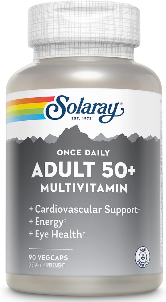 Solaray Når daglig voksen 50 + Komplet Multivitamin til kvinder og mænd, essentielle vitaminer og kappede mineraler for sund energi, hjerte, hjerne og immunforsvar, Med CoQ10 & Lutein, Jern Free, 90 VegCaps