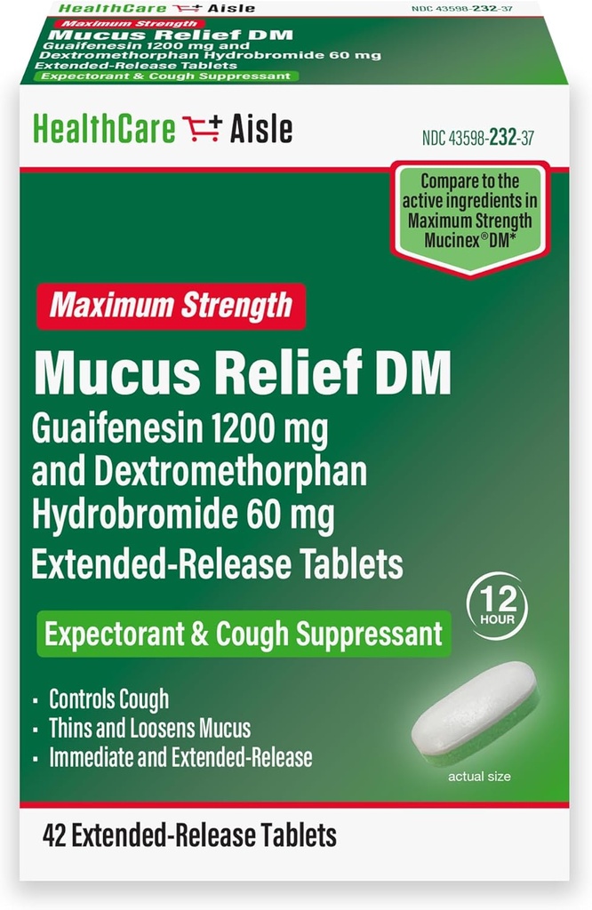 HealthCareAisle Guaifenesin 1200 mg Dextromethorphan Hydrobromid 60 mg Extended Release Tablets - 42 Count - Mucus Relief Expectorant and Hough suppressant Formulated for Chest Congestion Relief