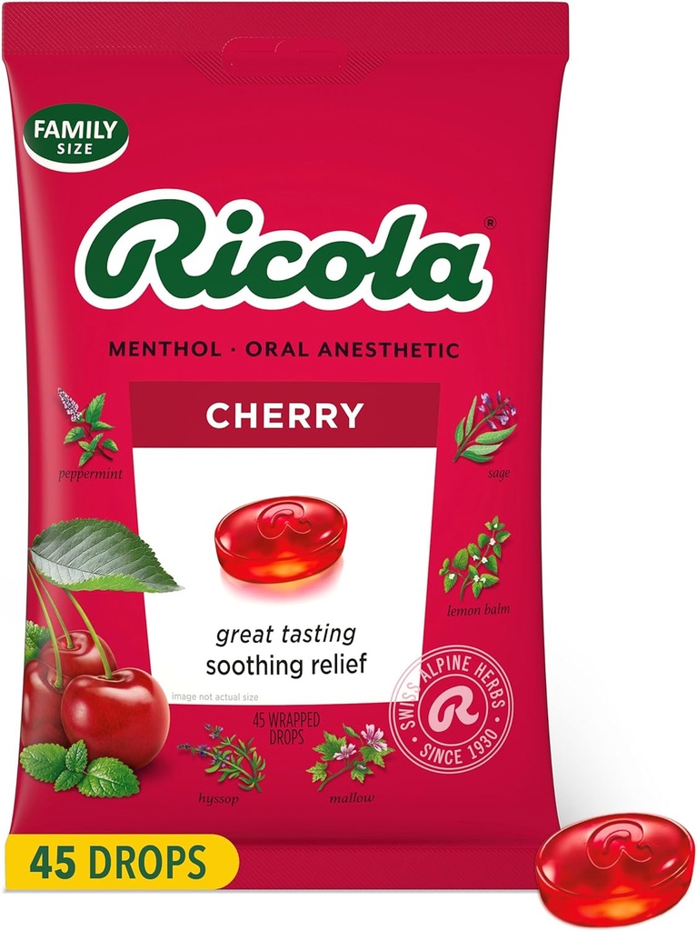 Ricola Cherry Throat Drops, 45 Greve, Daily Drops For Lækker Halsen Forfriskning, Oral Anestisk, Naturlig Smagsfyldt