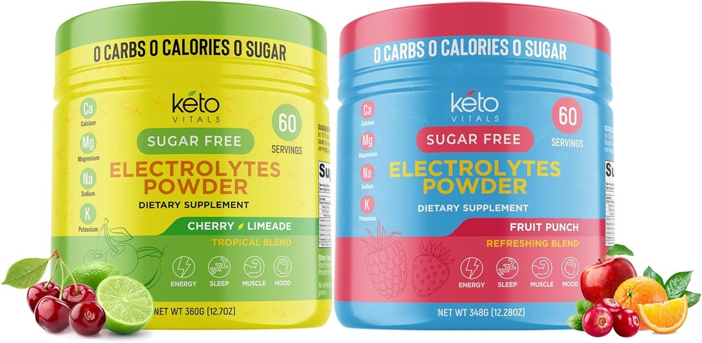 Keto Vitals Cherry Limeade Bundle med frugt punch - 2 Pack Bundle Keto Electrolytes Powder - Keto- venlige elektrolyter med kalium, Magnesium, natrium, calcium - Cherry Limeade & Fruit Punch