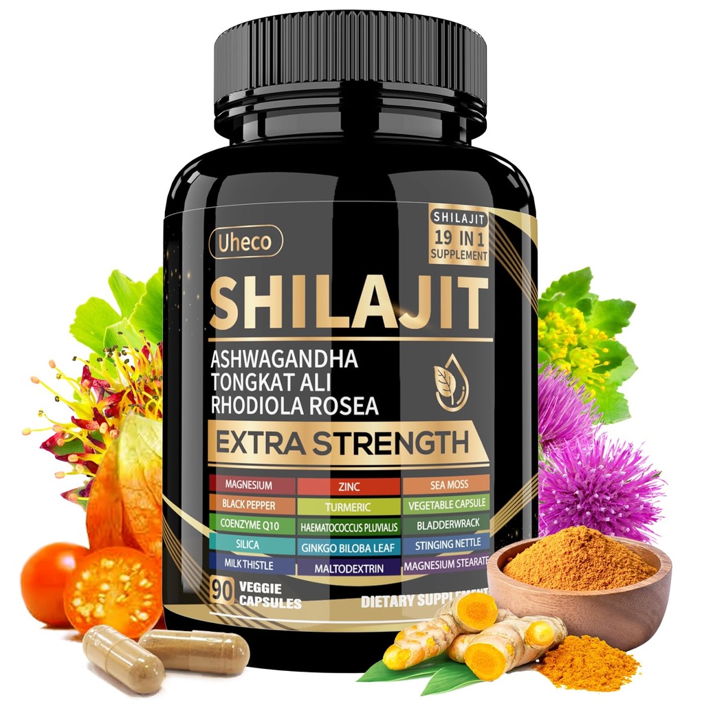 Shilajit Supplement med Sea Moss, Ashwagandha, Tongkat Ali - Shilajit Pure Himalayan Organic Fulvic Acid Capsules - 90 Greve