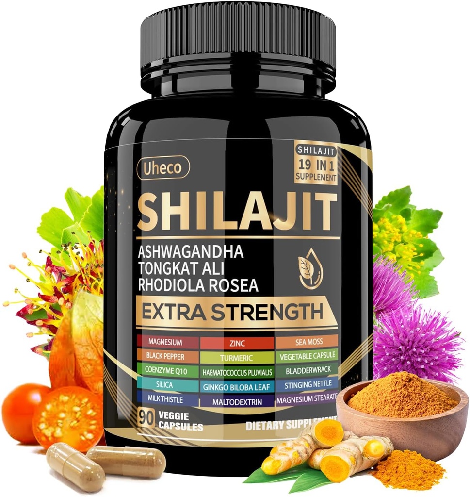 Shilajit Supplement med Sea Moss, Ashwagandha, Tongkat Ali - Shilajit Pure Himalayan Organic Fulvic Acid Capsules - 90 Greve