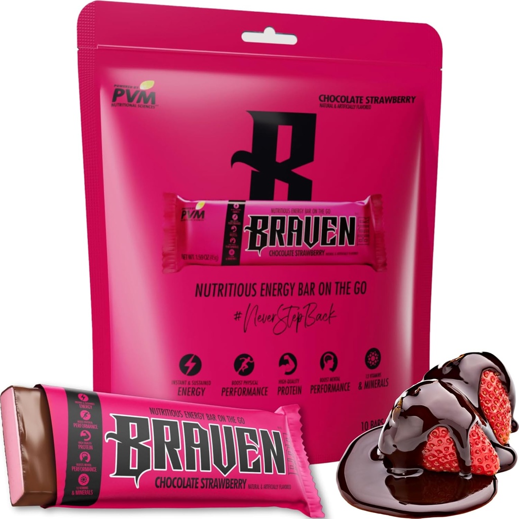 Braven Bar Chokolade Strawberry Energy Bars (1.59 oz, Pack of 10) - Energi Chews med 5g Protein - On- the- Go Energy Snacks til løb, vandreture og sport - Gluten Free Snacks til Vedvarende Energi Boost
