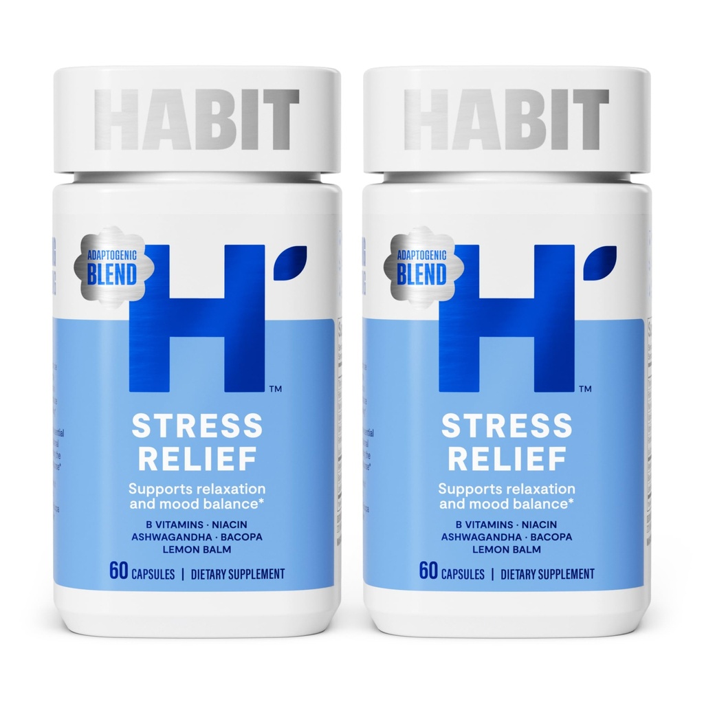 Habit Stress Relief Supplement 2 Pack (120 kapsler) - Nyt udseende, Understøtter Afslapning & Mood Balance, Vitamin B, Adaptogens, Lemon Balm, Calming, Vegan, Non- GMO