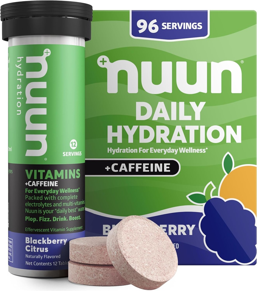 Nuun Vitaminer + koffein Electrolyte Tablets with Vitamin D, C, E, A, & B6, Folinsyre, Magnesium & 4 Andre essentielle elektrolytter, Gluten Free & Vegan, Blackberry Citrus, 8 Pack (96 Servering i alt)