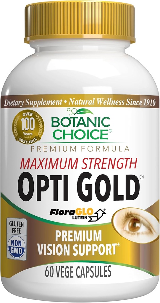 Botanic Choice Maks. styrke Opti Gold Vision Eye Health Support for Total Eyeview Sundhed for mænd og kvinder - Taurine, vitamin A, Lutein, Bilberry, Alpha Lipoic Acid (60 kapsler)
