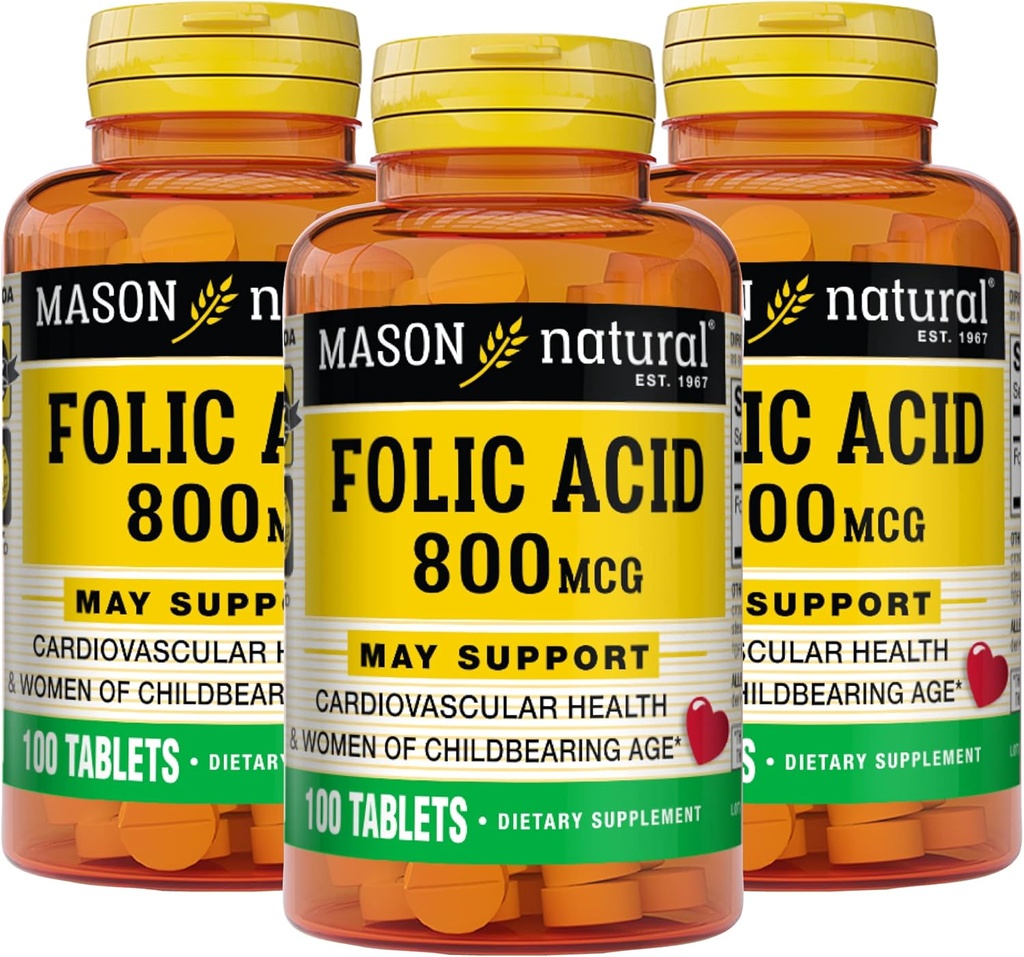 MASON NATURAL Folinsyre 800 mcg - Hjælper nervesystem funktion, Dagligt tillæg for sundhed, Mood og prenatal pleje, for kvinder i den fødedygtige alder, 100 tabletter (pakke med 3)
