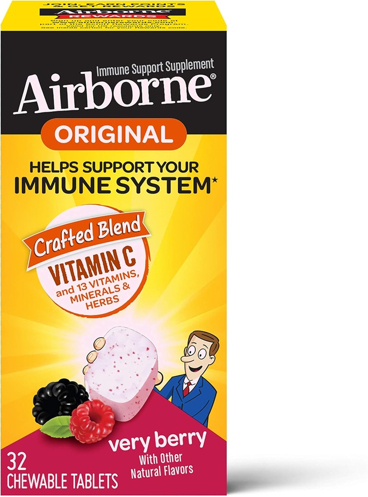Airborne 1000mg C-vitamin tyggetabletter med zink, immunsupporttillæg med stærke antioxidanter Vitamin A C & E - 32 tyggetabletter, meget berry flavor