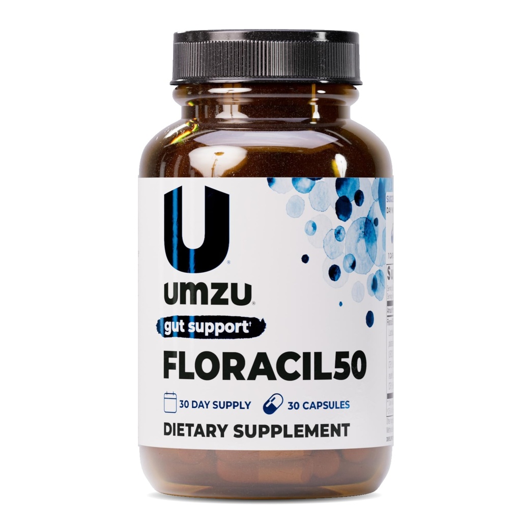 UMZU Floracil50 Prebiotika og probiotika til kvinder + mænd, 50 milliarder CFU til fordøjelse, Gut Health, Acidophilus, Rhamnousus, Immunitet, energi (30 kapsler)