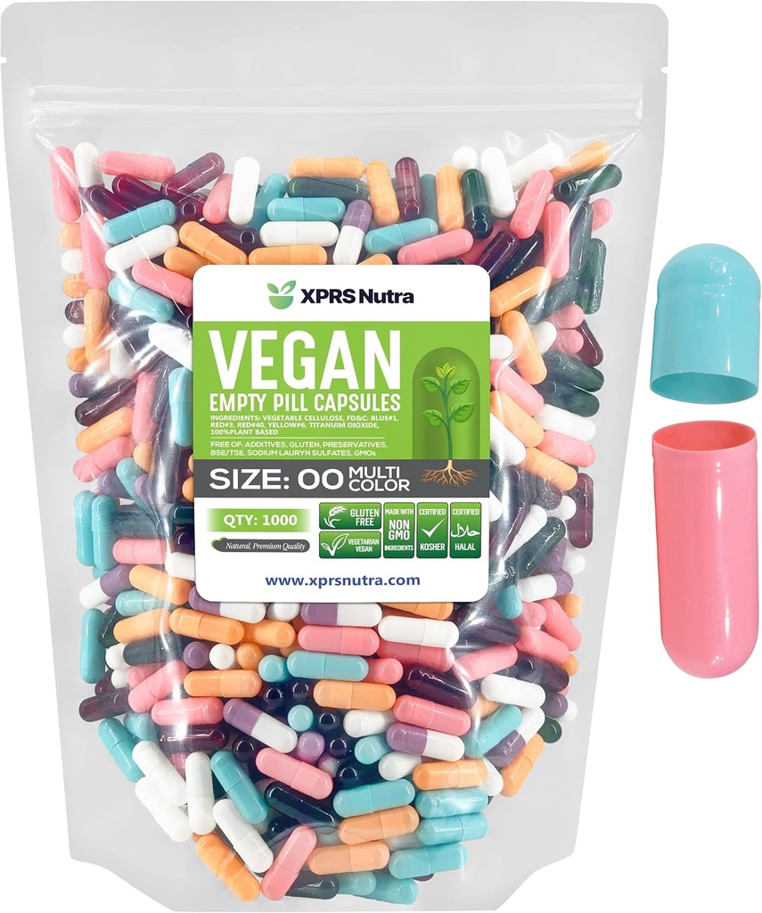 XPRS Nutra Størrelse 00 Tomme kapsler - 1000 Grev Tomme Veganske kapsler - Vegetariske Tomme piller - DIY Vegetabilske Kapsler Filling- Veggie Pill Caps (Multi Color)