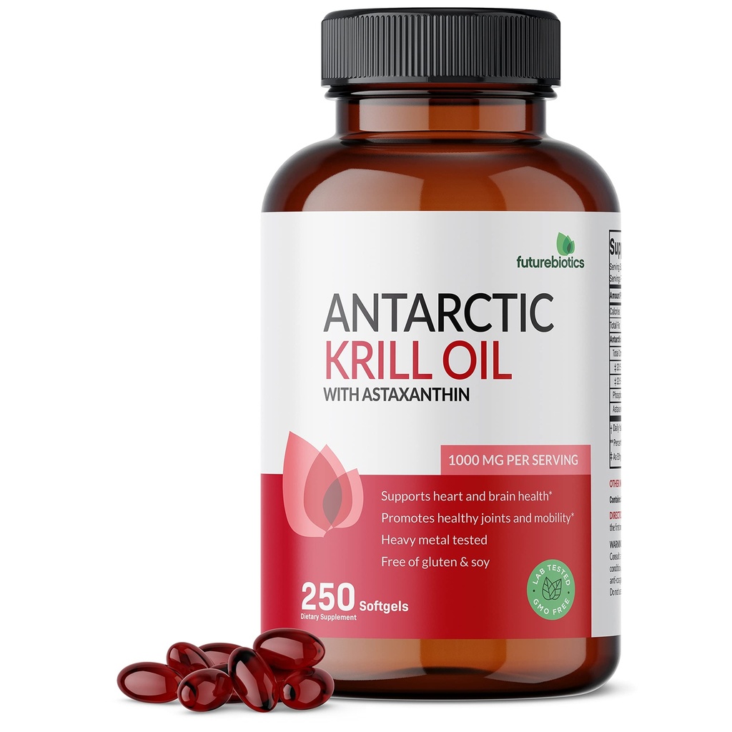 Futurebiotika Antarktiske Krill Oil 1000mg med Omega- 3s EPA, DHA, Astaxanthin og fosfolipider - 100% Pure Premium Krill Oil Heavy Metal Testet, Non GMO - 250 Softgels (125 Servere)