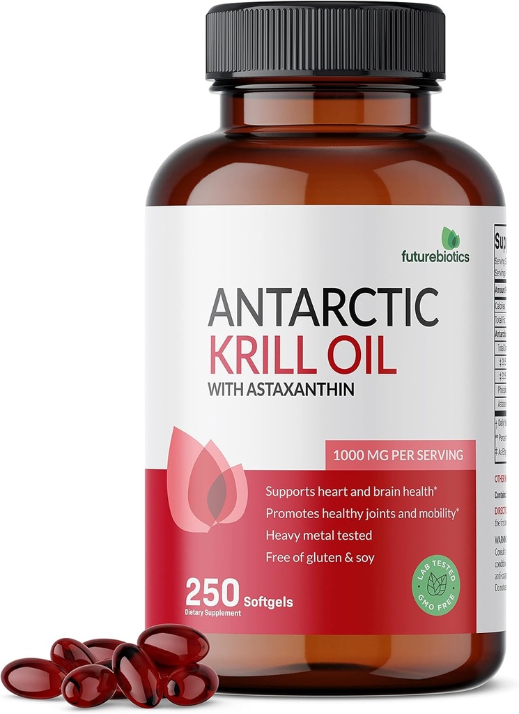 Futurebiotika Antarktiske Krill Oil 1000mg med Omega- 3s EPA, DHA, Astaxanthin og fosfolipider - 100% Pure Premium Krill Oil Heavy Metal Testet, Non GMO - 250 Softgels (125 Servere)