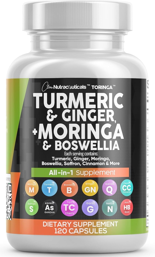 Ren Nutracatives gurkemeje Moringa Supplement # 124; Ginger Boswellia Safran - Supplement for kvinder og mænd med Ceylon Cinnamon, Tart Cherry, Quercetin Hvidløg Nettle Holy Basil - 1Pack