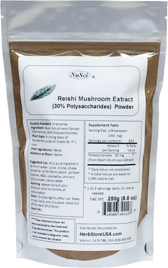 Reishi Mushroom Extract Powder Standardized 30% Polysaccharides 250 Grams (8.8 oz)