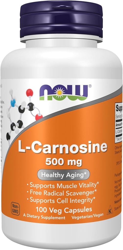 NOW Foods Supplements, L-Carnosine (Beta-Alanyl-L-Histidine) 500 mg, Healthy Aging, 100 Veg Capsules