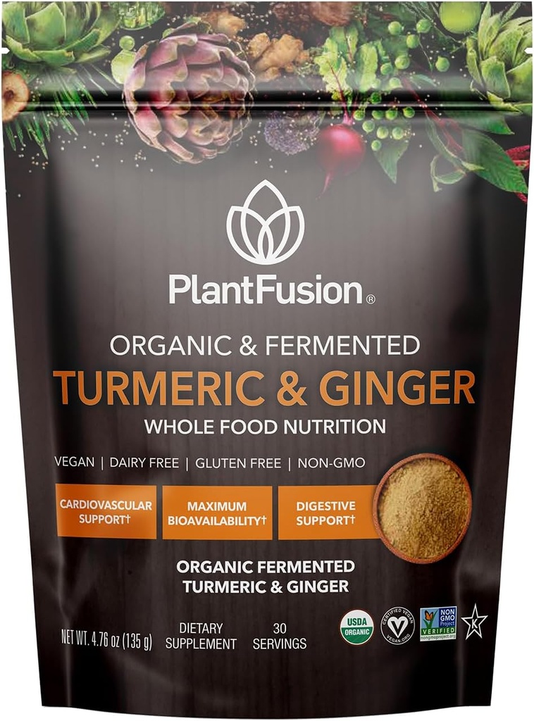 PlantFusion Gurkemeje og Ingefær Drink Mix - Gæret Hel Food Nutrition, Urte Supplement Pulver med Curcuminoider - USDA Certificeret Organisk, Non- GMO, Vegan, Gluten- Free, 4.76 oz 30 Servere