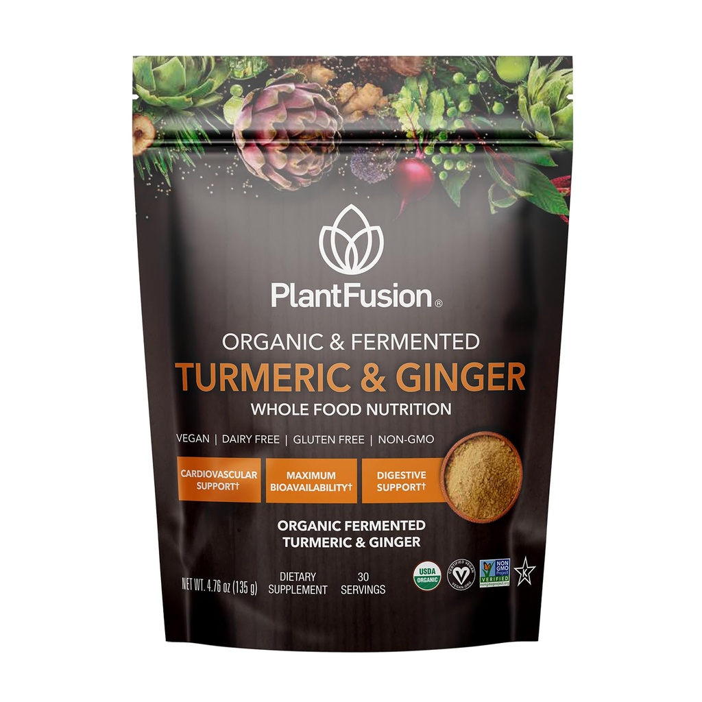 PlantFusion Gurkemeje og Ingefær Drink Mix - Gæret Hel Food Nutrition, Urte Supplement Pulver med Curcuminoider - USDA Certificeret Organisk, Non- GMO, Vegan, Gluten- Free, 4.76 oz 30 Servere