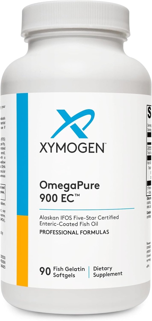 XYMOGEN OmegaPure 900 EC - Alaskan IFOS Five- Star Certified Omega 3 Fish Oil - EPA DHA Fish Oil Supplement- Understøtter kardiovaskulær og hjerne sundhed (90 Enterinic- Coated Softgels)