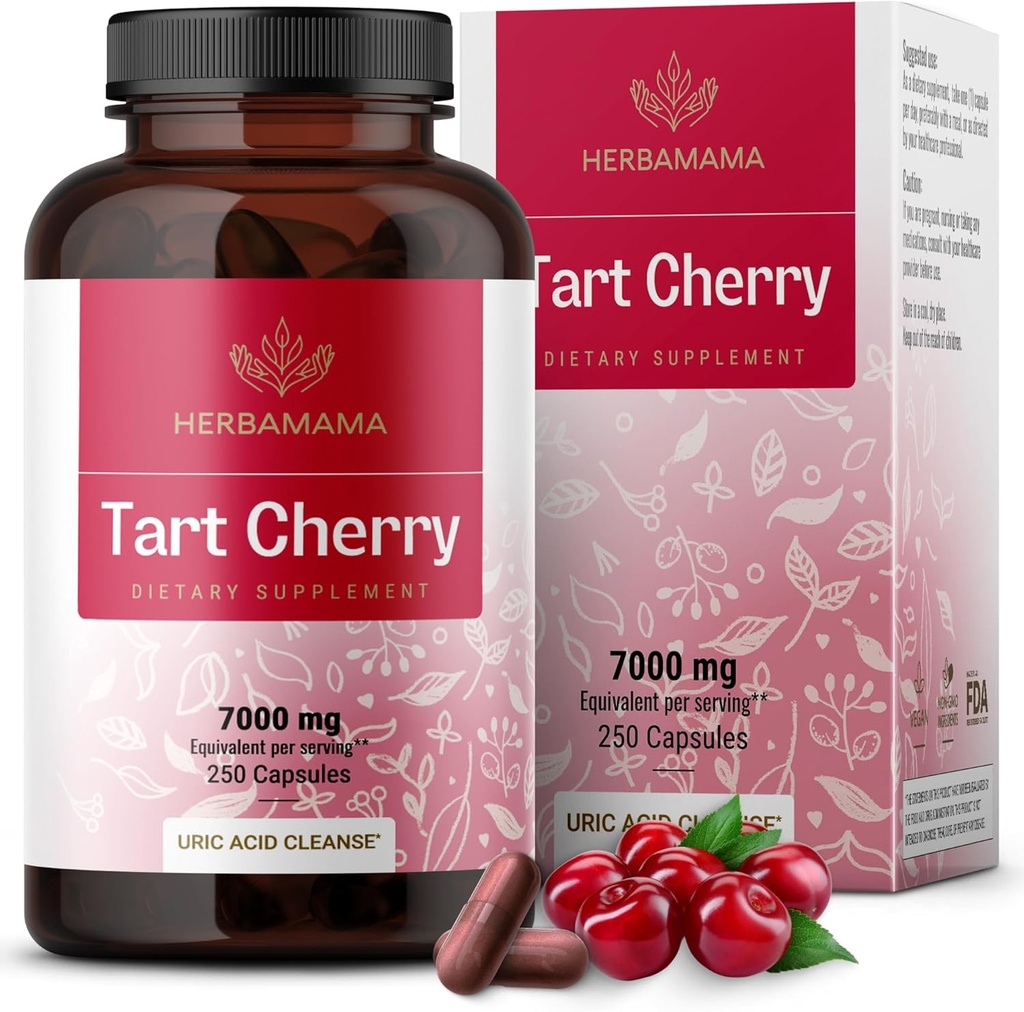 HERBAMAMA Tart Cherry Extract Kapsler - Tart Cherry Extract for Uric Acid Support - Vegan, non-GMO antioxidant supplement