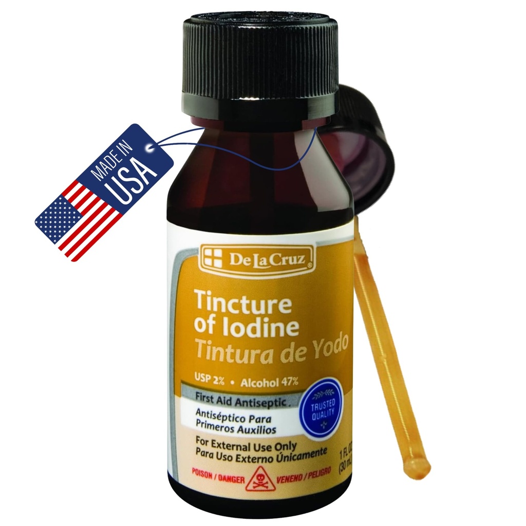 De La Cruz 2% jod førstehjælp Antiseptisk, Lavet i USA 1 FL OZ (1 flaske)