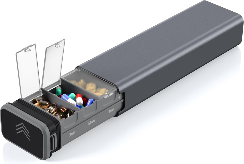 7 Dag Ugentlig Metal Pill Organizer Rejser, Kursoaya Premium Aluminium Daily Pill Box, Cute Portable Pill Case, Stor kapacitet Pill Holder til kosttilskud, piller, vitaminer, medicin (stål grå)