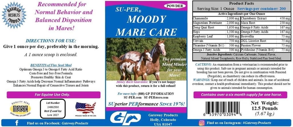 SU- PER Moody Mare Care Powder - Herbal Equine Horse Supplement med Chasteberry & Maca Root - 12,5 lbs