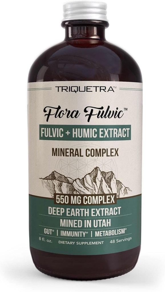 Flora Fulvic; Fulvic Acid + Humic Acid Complex - 550 mg - 124; Mined in Utah, Prehistory Deep Earth Extract; Immunity, Gut, fordøjelse - Natural Trace Mineral Complex, Fulvic Acid Supplement - 8 fl oz.