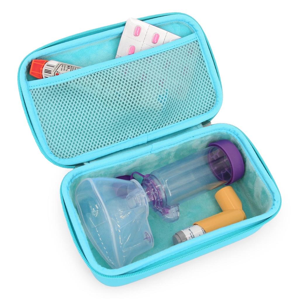 CASEMATIX Astma Inhaler sag for rejser Fits Astma Inhaler Spacer med Mask Vedhæftet, Inhaler Holder og ekstra tilbehør, der anvendes med Spacer For Inhaler, omfatter Turkis Astma sag kun