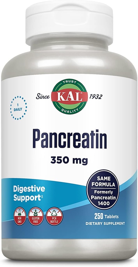 KAL Pancreatin 350 mg, fordøjelsesenzymer til kvinder og mænd, pankreatiske enzymer til fordøjelsesstøtte, gluten fri, non-GMO, hurtig opløsning, 60- dag garanti, 250 Servere, 250 tabletter