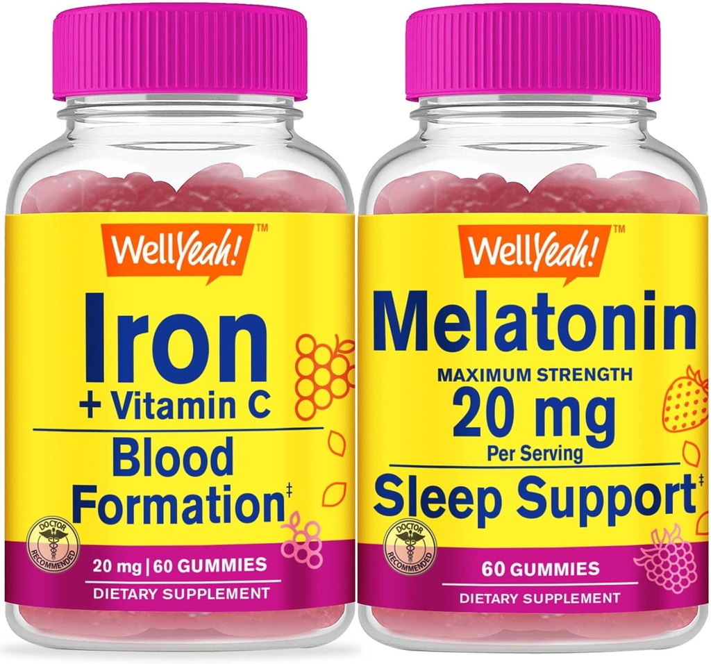 WellYe Iron + C-vitamin + melatonin 20mg, Gummies Bundle - Great Tasting, Vitamin Supplement, Gluten fri, GMO fri, Chewable Gummy