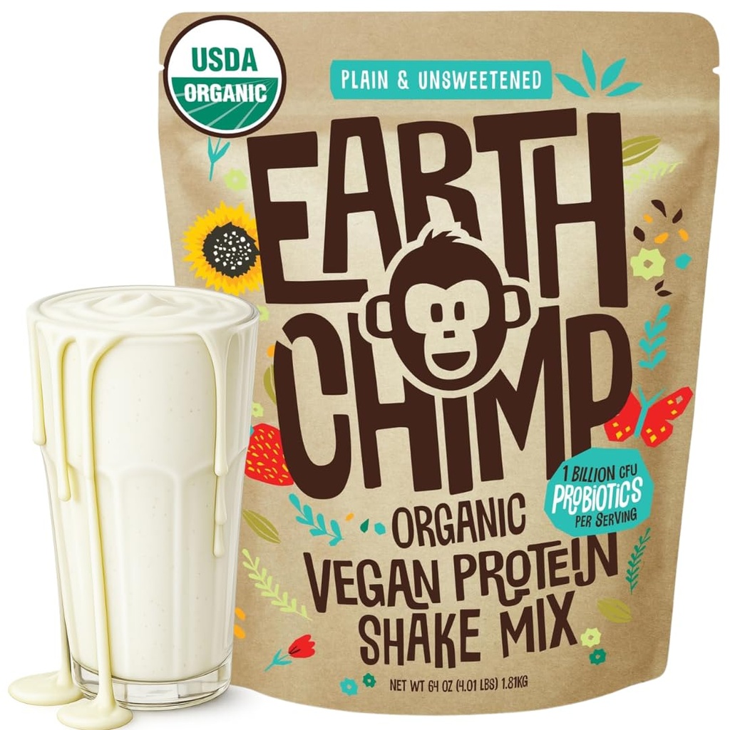 EarthChimp Organic Vegan Protein Powder - med Probiotika - Ikke GMO, Dairy Free, Non Whey, Plant Based Protein Powder for Women and Men, Gluten Free - 52 Serveringer, 64 Oz (Plain & Unsweetened)