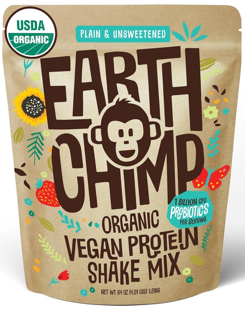 EarthChimp Organic Vegan Protein Powder - med Probiotika - Ikke GMO, Dairy Free, Non Whey, Plant Based Protein Powder for Women and Men, Gluten Free - 52 Serveringer, 64 Oz (Plain & Unsweetened)