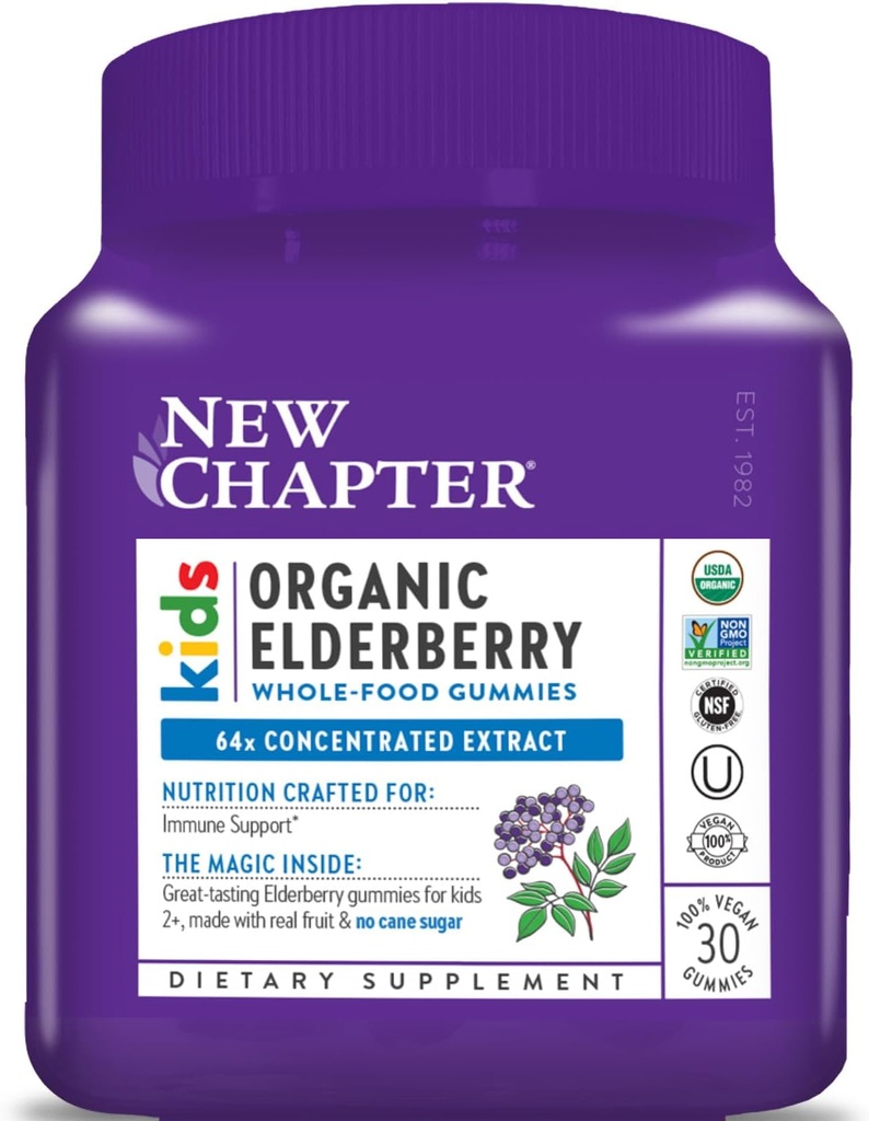 Ny Kapitel Elderberry Gummies for Kids 2 +, USDA Organic, 64x Koncentreret Pure Elderberry til immunforsvar, Great Tasting Whole- Food Gummies, Vegan & Non- GMO, 30 ct
