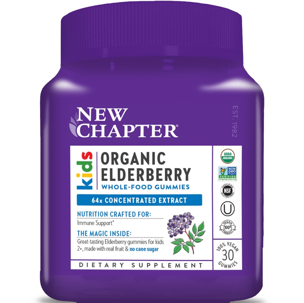 Ny Kapitel Elderberry Gummies for Kids 2 +, USDA Organic, 64x Koncentreret Pure Elderberry til immunforsvar, Great Tasting Whole- Food Gummies, Vegan & Non- GMO, 30 ct