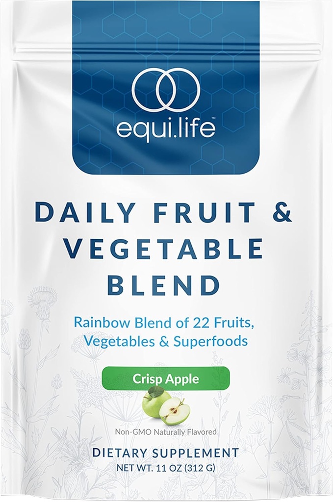 Equilife Daglig Frugt & Vegetabilsk Blend, Superfood Antioxidant Supplement, Crisp Apple Flavor med C-vitamin, Fiber, og 9 essentielle Aminosyrer, understøtter energi, Lavsukker, Vegan, 30 Servere