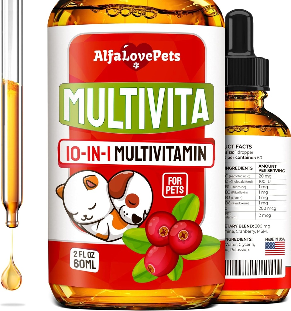 Flydende multivitamin til hunde - Kat Multivitaminer til indendørs katte - 10-in-1 Flydende hund vitaminer B kompleks, C, D3 - fordøjelse, vandladning, Hip & fælles, Hud & Coat - Tranebær Flavor - 2 Oz