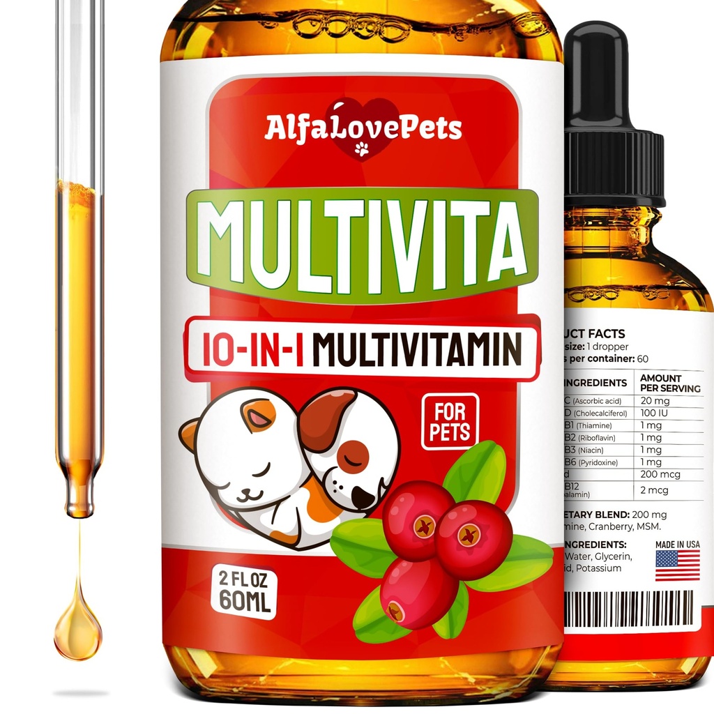 Flydende multivitamin til hunde - Kat Multivitaminer til indendørs katte - 10-in-1 Flydende hund vitaminer B kompleks, C, D3 - fordøjelse, vandladning, Hip & fælles, Hud & Coat - Tranebær Flavor - 2 Oz