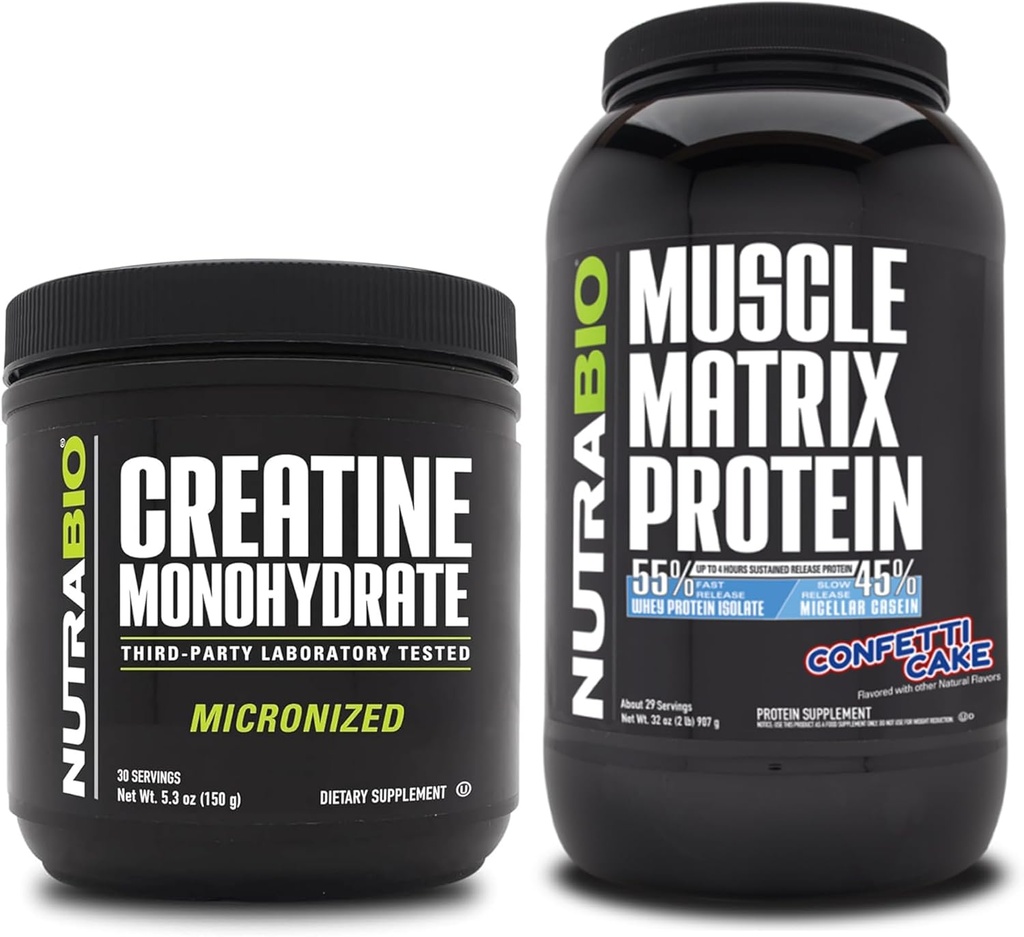 NutraBio Creatinine monohydrat, Unflavored, (150 g) og Muscle Matrix Protein Powder, (Confetti Cake) Supplement Bundle - Muskelenergi, maksimal vækst, opsving og styrke