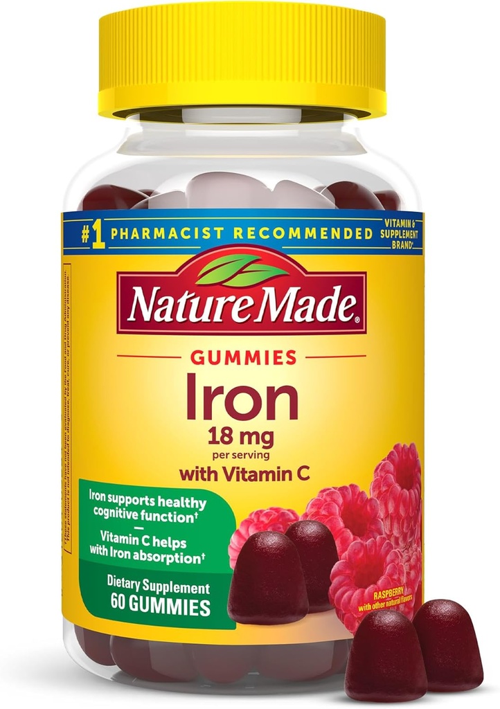 Nature Made Iron 18 mg per servering med C-vitamin, Kosttilskud til Red Blood Cell Support, 60 Gummies, 30 dages forsyning
