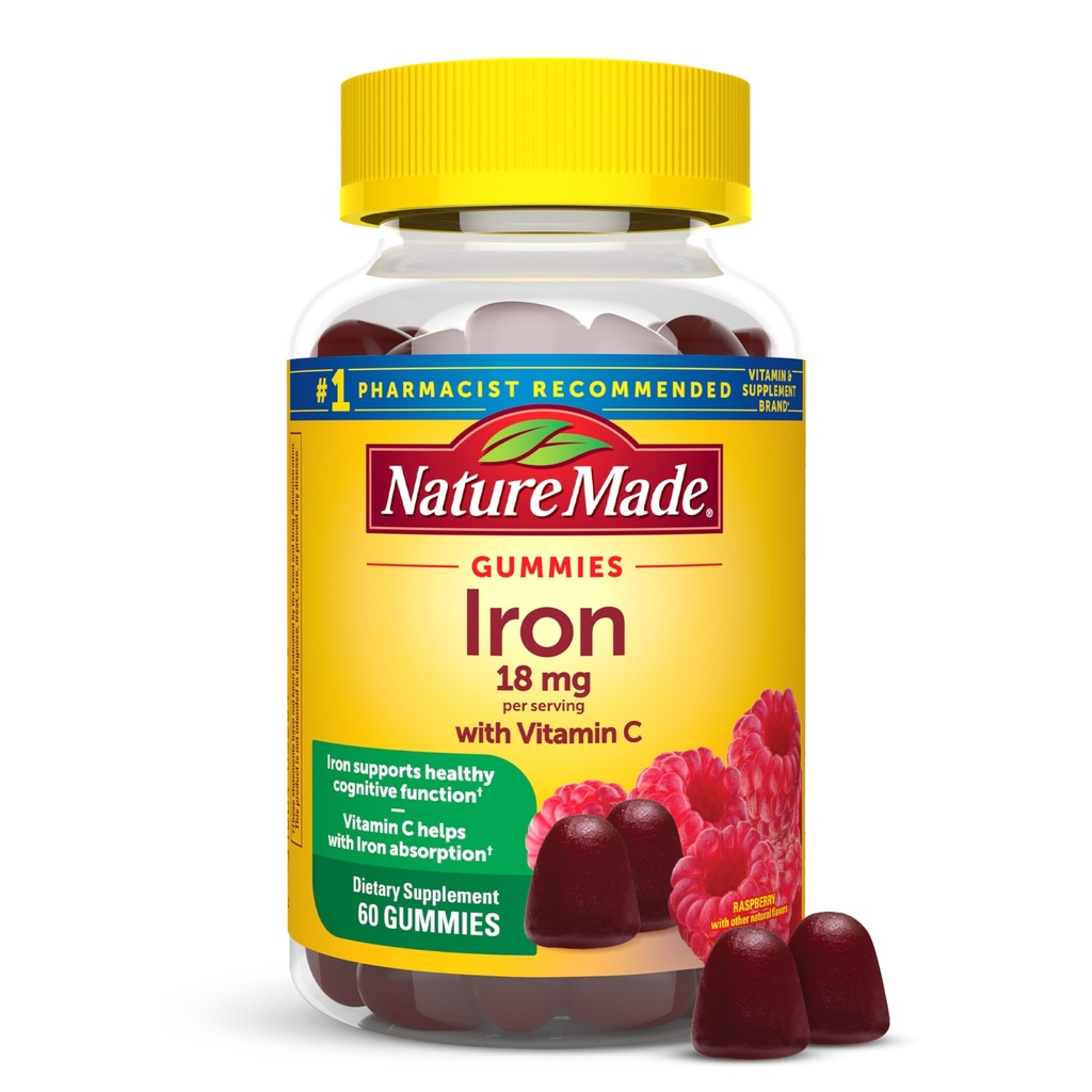 Nature Made Iron 18 mg per servering med C-vitamin, Kosttilskud til Red Blood Cell Support, 60 Gummies, 30 dages forsyning