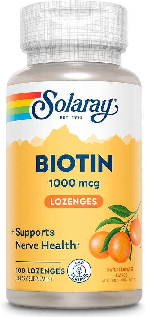 SOLARAY Biotin 1000mcg Lozenges - Biotin tillæg med vitamin A - Nerve funktion og Cellular Energy Support - Natural Orange Juice Flavor, Great Taste, 60- Day Garanti, 100 Servere, 100 Lozenges